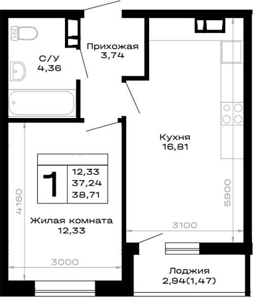 Продается 1-комн. квартира, 37.24 м²