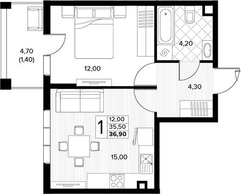 Продается 1-комн. квартира, 35.5 м²