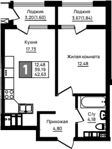 Продается 1-комн. квартира, 39.19 м²