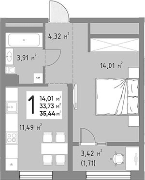 Продается 1-комн. квартира, 33.73 м²