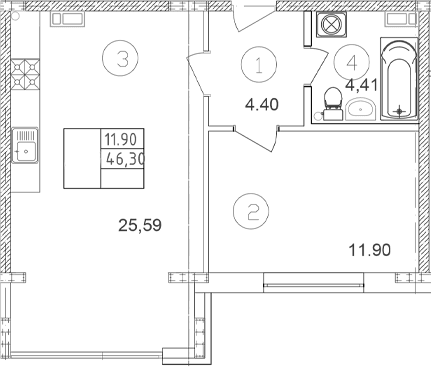 Продается 1-комн. квартира, 46.3 м²