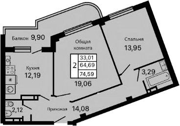 Продается 2-комн. квартира, 64.69 м²
