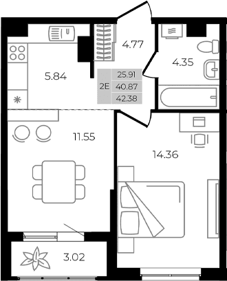 Продается 2-комн. квартира, 40.87 м²