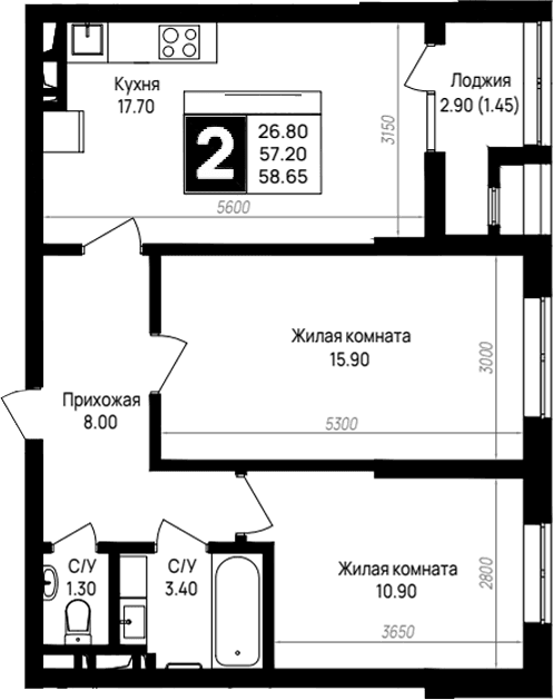 Продается 2-комн. квартира, 57.2 м²