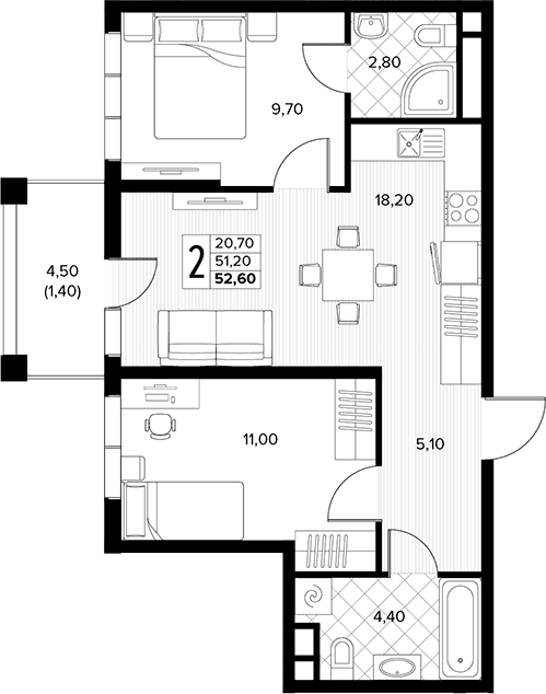 Продается 2-комн. квартира, 51.2 м²