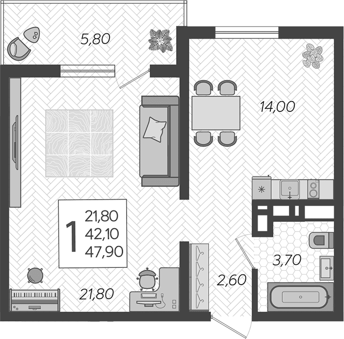 Продается 1-комн. квартира, 42.1 м²