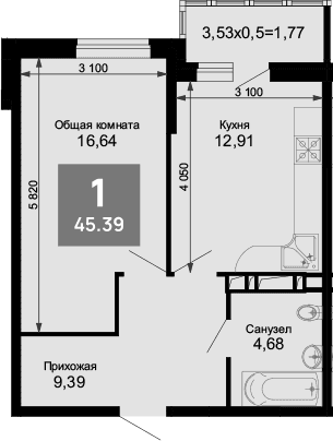 Продается 1-комн. квартира, 44.11 м²