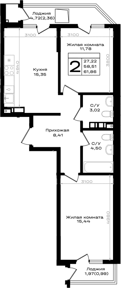 Продается 2-комн. квартира, 58.51 м²