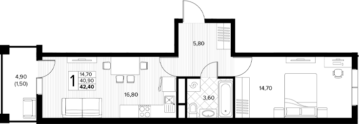 Продается 1-комн. квартира, 40.9 м²