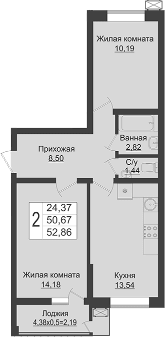 Продается 2-комн. квартира, 50.67 м²