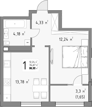Продается 1-комн. квартира, 34.67 м²