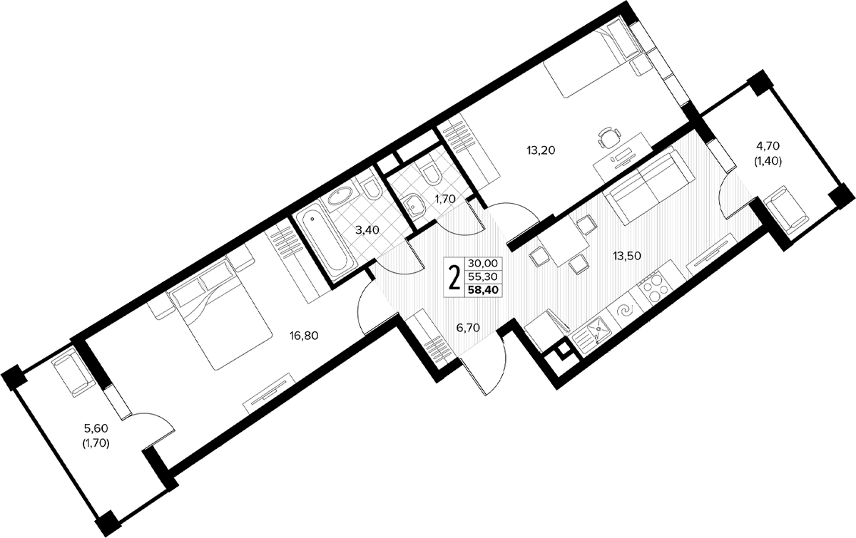 Продается 2-комн. квартира, 55.3 м²
