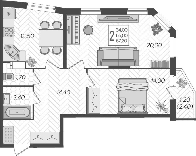 Продается 2-комн. квартира, 66 м²