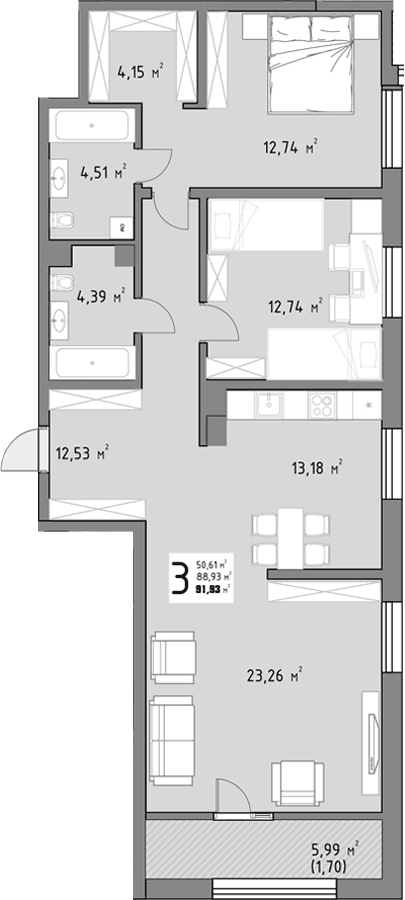 Продается 3-комн. квартира, 90.23 м²