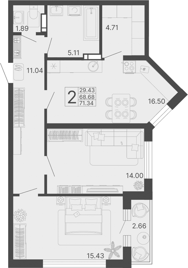 Продается 2-комн. квартира, 68.68 м²