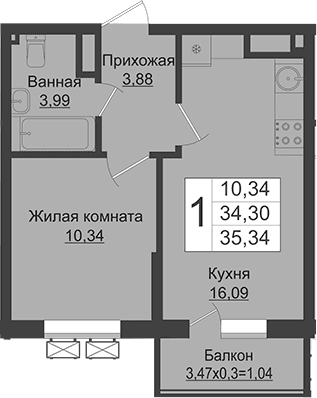 Продается 2-комн. квартира, 34.3 м²