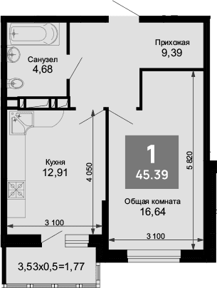 Продается 1-комн. квартира, 44.11 м²