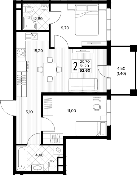 Продается 2-комн. квартира, 51.2 м²