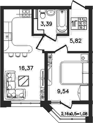 Продается 2-комн. квартира, 35.12 м²