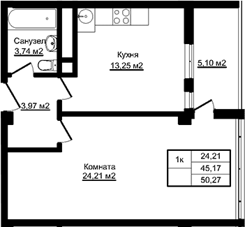 Продается 1-комн. квартира, 45.17 м²