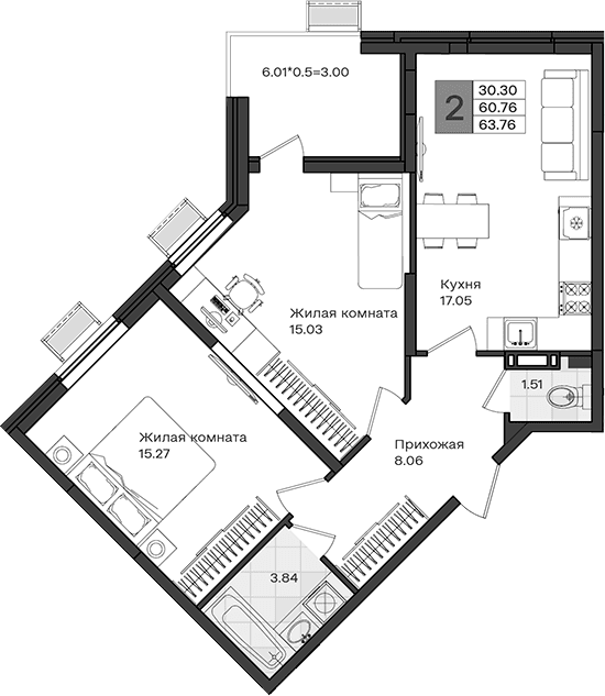Продается 2-комн. квартира, 60.76 м²