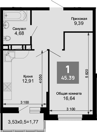 Продается 1-комн. квартира, 43.62 м²