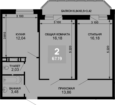 Продается 2-комн. квартира, 63.77 м²