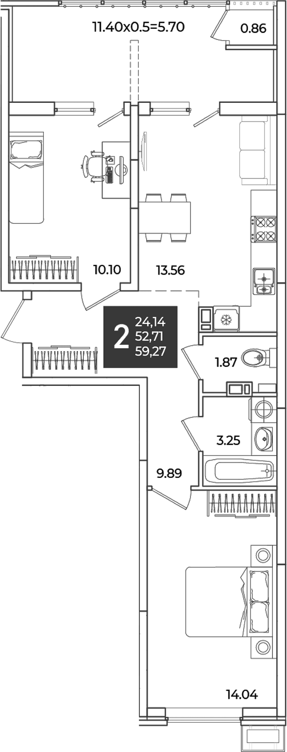 Продается 2-комн. квартира, 52.71 м²