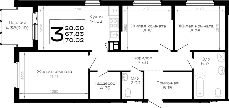 Продается 3-комн. квартира, 67.83 м²