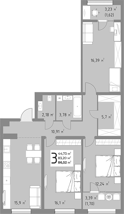 Продается 3-комн. квартира, 83.2 м²