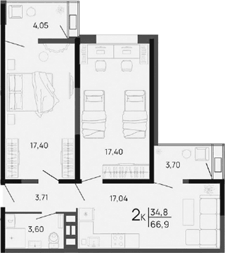 Продается 2-комн. квартира, 57.35 м²