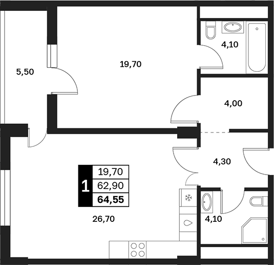 Продается 1-комн. квартира, 62.9 м²