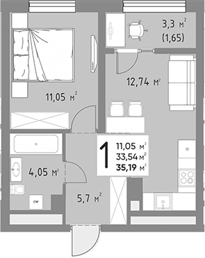 Продается 1-комн. квартира, 33.54 м²