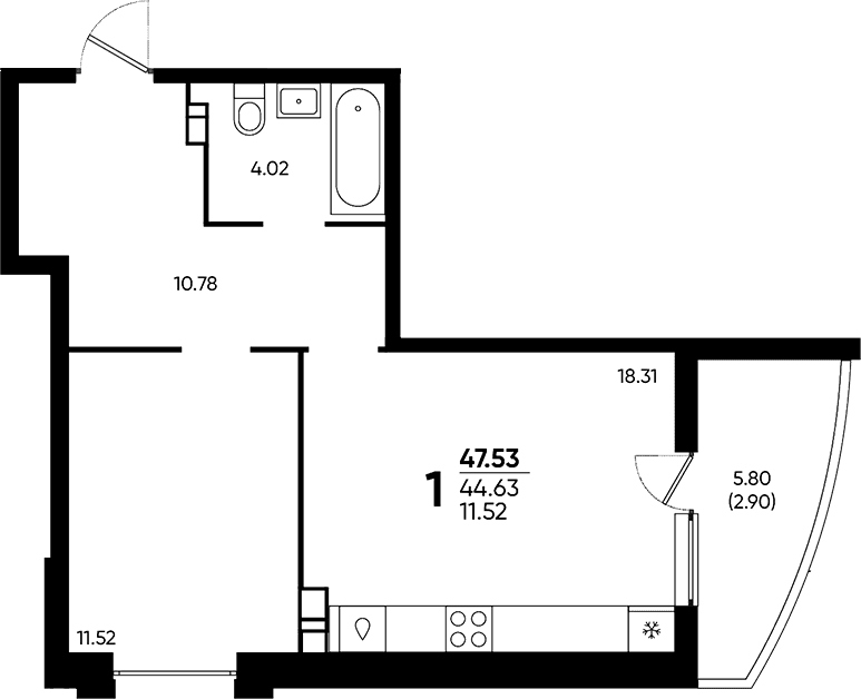 Продается 1-комн. квартира, 44.63 м²