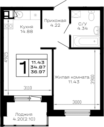 Продается 1-комн. квартира, 34.87 м²