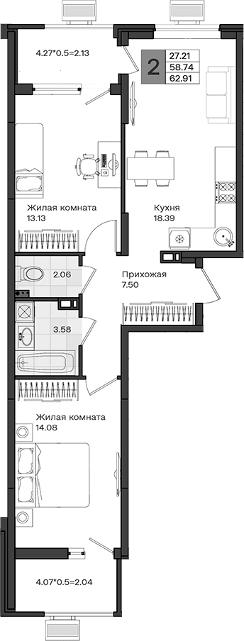 Продается 2-комн. квартира, 58.74 м²