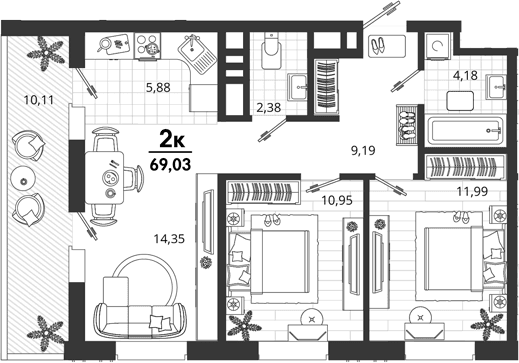 Продается 2-комн. квартира, 58.92 м²
