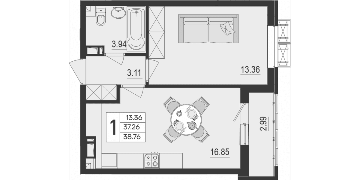 Продается 1-комн. квартира, 37.26 м²
