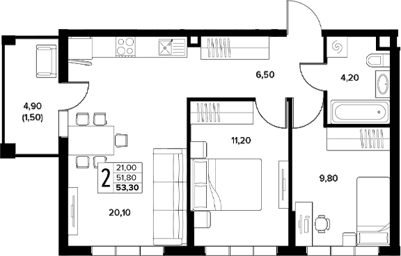 Продается 2-комн. квартира, 51.8 м²
