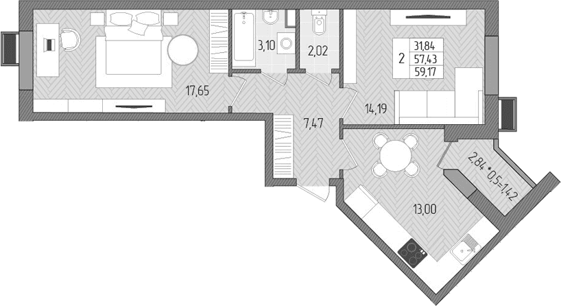 Продается 2-комн. квартира, 57.75 м²