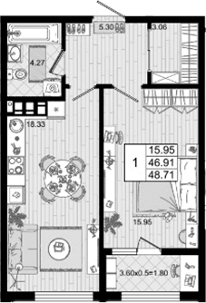 Продается 1-комн. квартира, 46.91 м²
