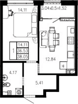 Продается 1-комн. квартира, 36.58 м²