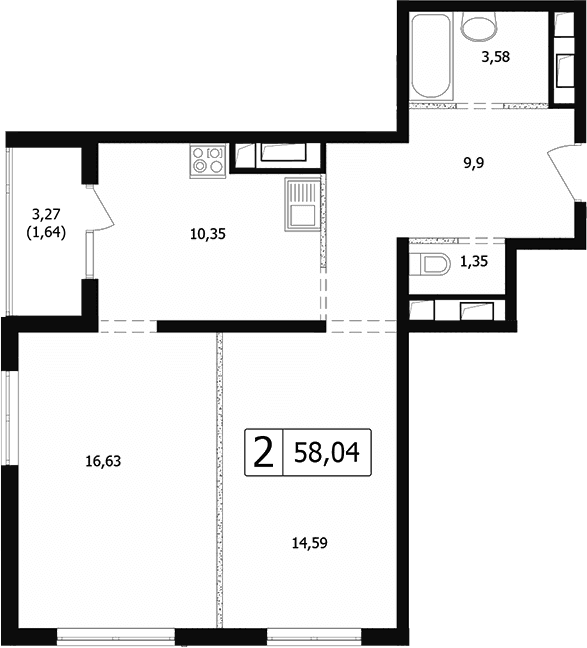 Продается 2-комн. квартира, 54.56 м²