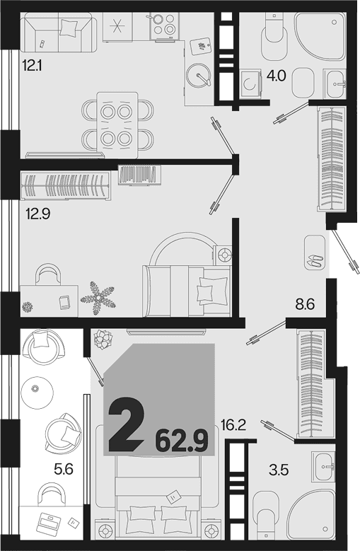 Продается 2-комн. квартира, 57.3 м²