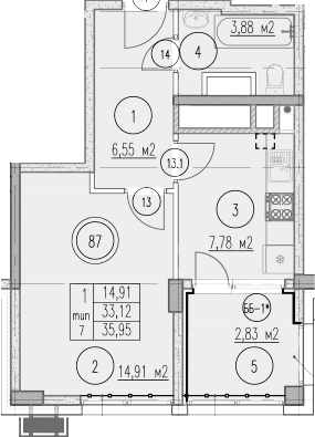 Продается 1-комн. квартира, 33.12 м²
