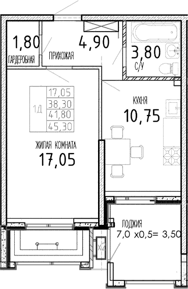 Продается 1-комн. квартира, 38.3 м²
