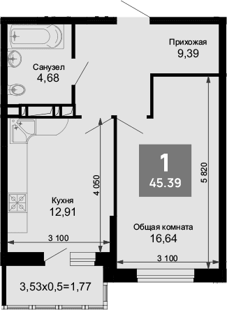 Продается 1-комн. квартира, 44.09 м²