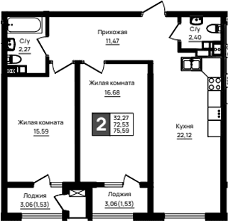 Продается 2-комн. квартира, 72.53 м²