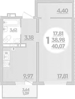Продается 1-комн. квартира, 38.98 м²