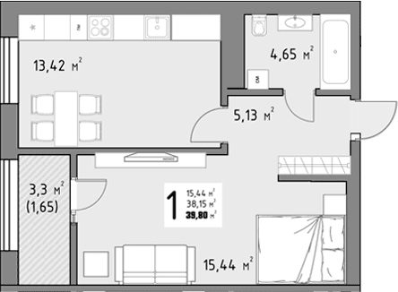 Продается 1-комн. квартира, 38.15 м²